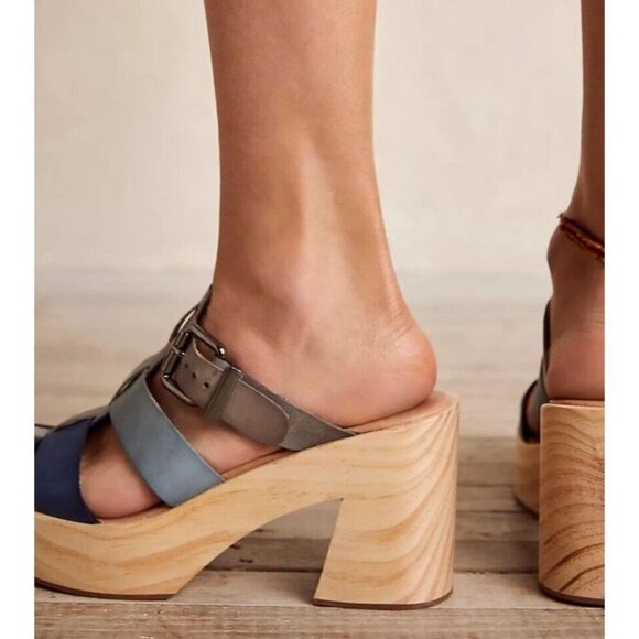 Free People Bellevue  Clogs Leather Wood Fisherman Sandals Slides 11 River - Picture 3 of 12